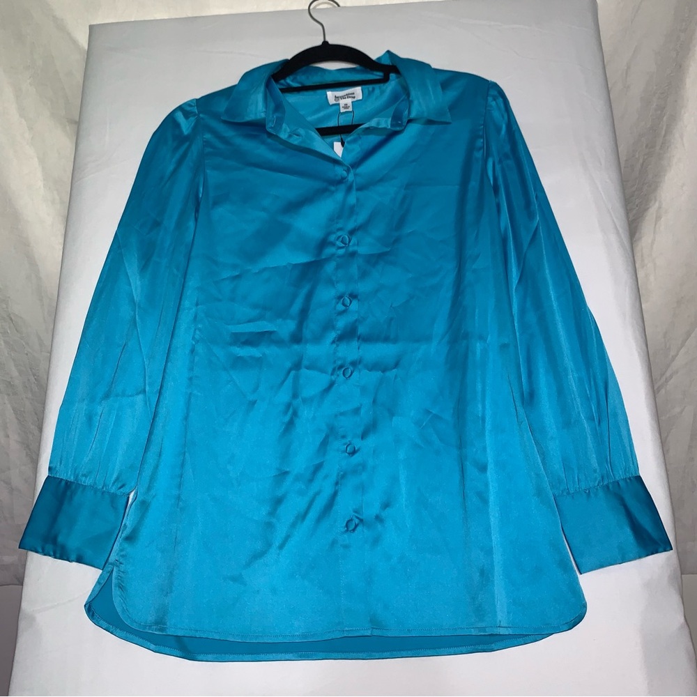 Long-Sleeve Button-Down Stretch Satin Shirt XSmall